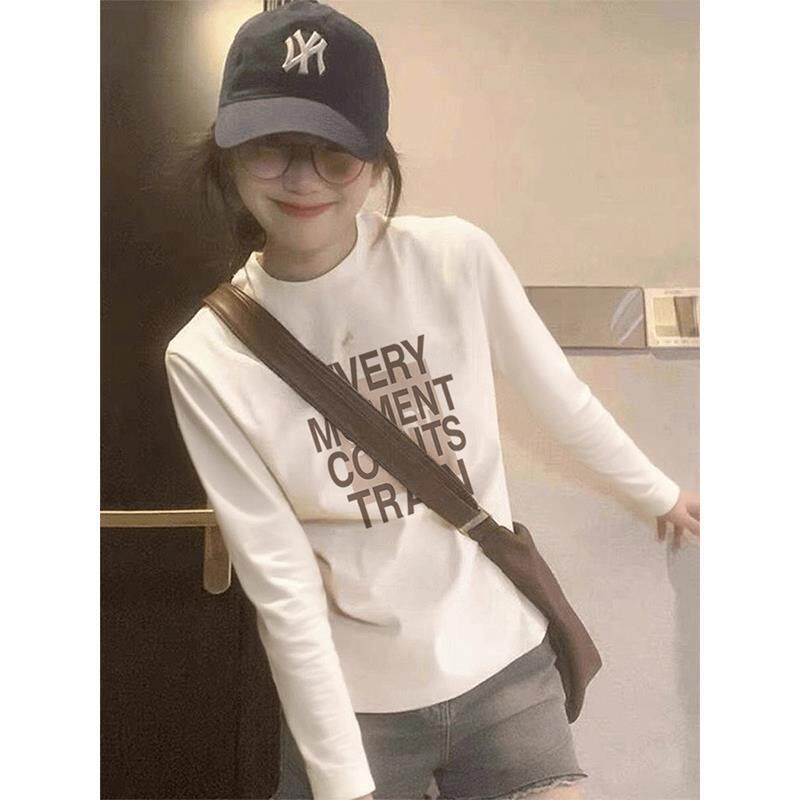 韩国Honey koko⭐2025正肩圆领纯棉长袖t恤女时尚白色打底衫上衣
