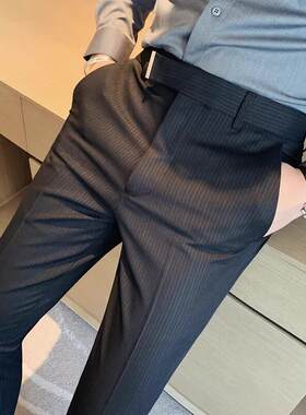 LL男装高级感条纹修身垂感休闲西裤小脚九分裤男弹力显瘦正装长裤