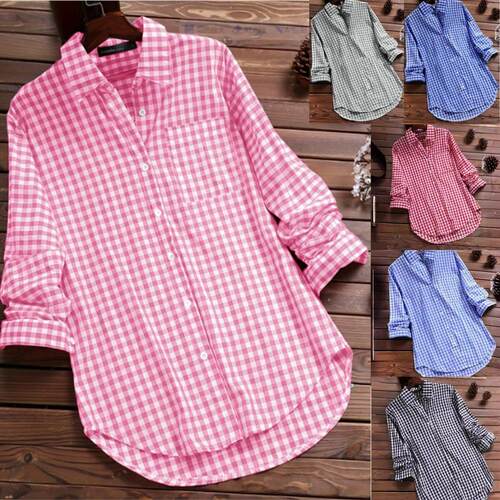 Gingham Print Button Front Collared Shirt Blouse Casual