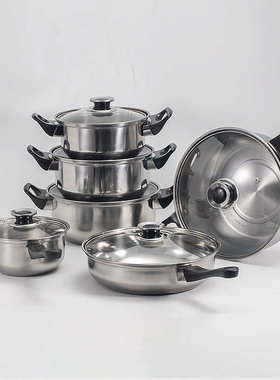 12pcsset跨平底锅具 不锈钢组锅套件pot烹饪一套套装锅锅镜炊具锅