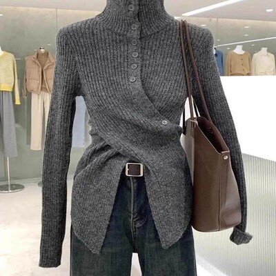 法国Rixo Kelly灰色高领针织打底衫女不规则收腰毛衣内搭开叉上衣