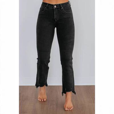 Rise Button Fly Leg Black Crop Jeans 88829 Stretchy Comfort