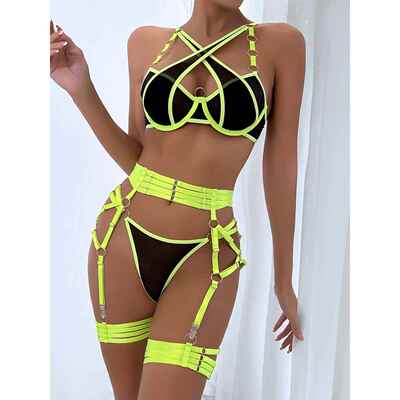 Sexy lingerie three piece set with cross stitching bra set