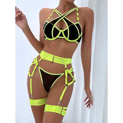Sexy lingerie three piece set with cross stitching bra set
