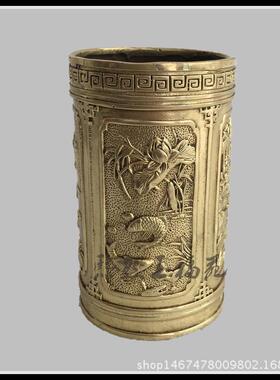 纯铜鱼笔筒摆件 铜器年年有余笔筒文房用品家居装饰工艺品摆件