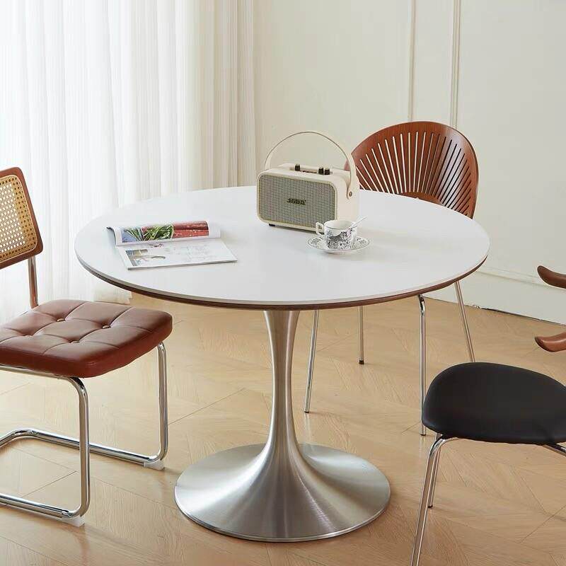全托岩板餐桌洽谈桌法式中古家用小户型饭桌不锈钢郁金香圆形桌子