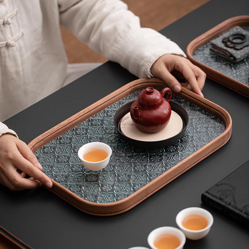 国潮干泡茶盘山水玻璃托盘功夫茶具茶杯收纳盘复古竹制水果点心盘