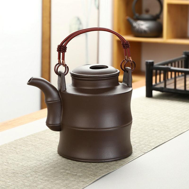 宜兴紫砂提梁壶超大号复古竹节铜提手泡茶壶茶杯大容量家用饭店