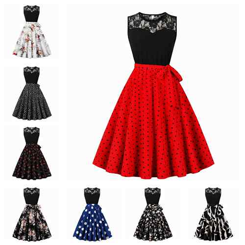 Lace round neck sleeveless patchwork printed large swing