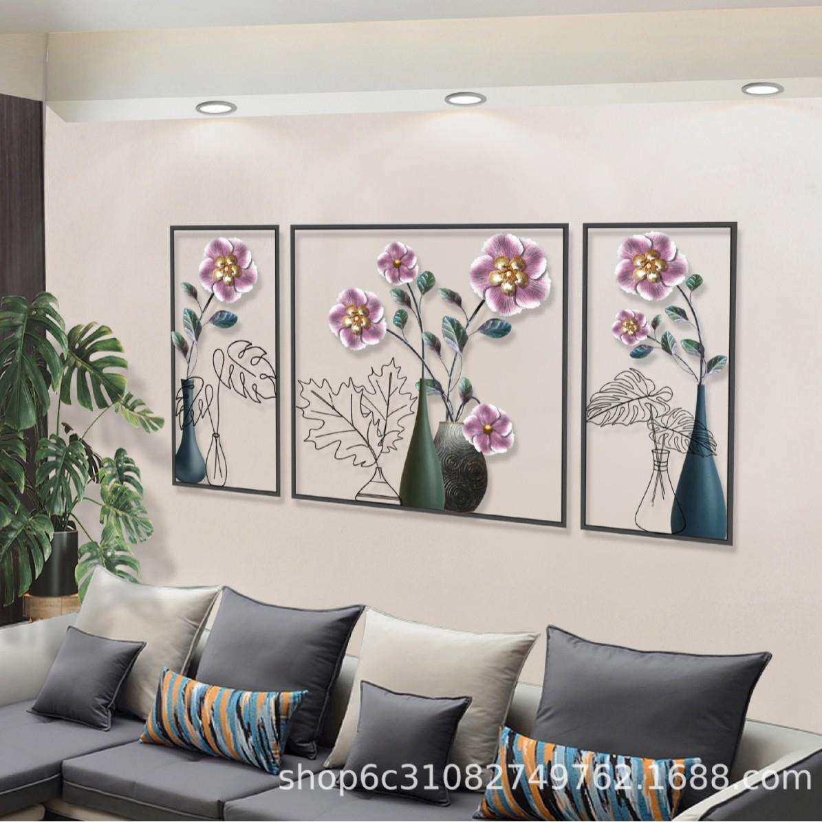 新中式花朵轻奢铁艺镂空时尚三联客厅墙面装饰画金属工艺壁饰挂件
