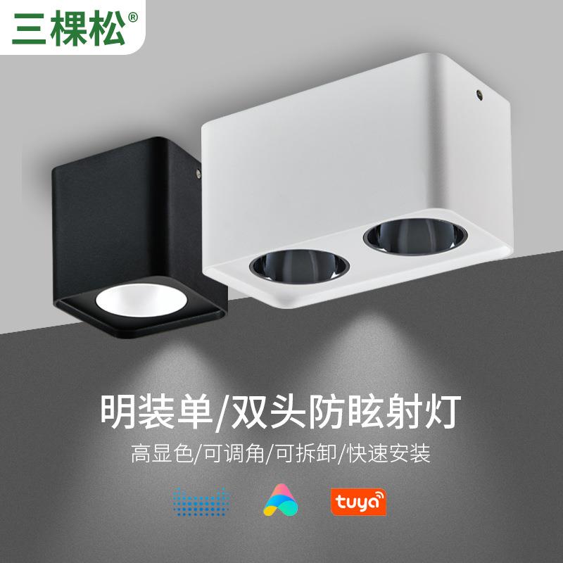 三棵松无主灯照明极简方形单头双头斗胆灯LED格栅灯明装 吸顶射灯图片