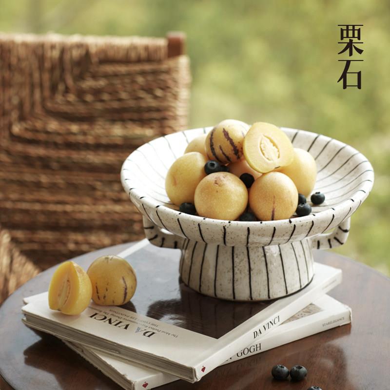 栗石法式中古黑白条纹陶瓷水果盘摆件客厅茶几家用复古创意甜品盘