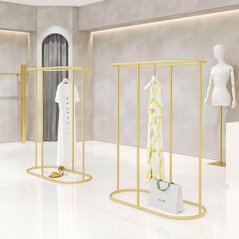 金色中岛架落地架简约服装店展示架双排架中间货架双杠圆形挂衣架