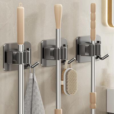 No-drill wall-mounted stainless steel mop holder and hanger,