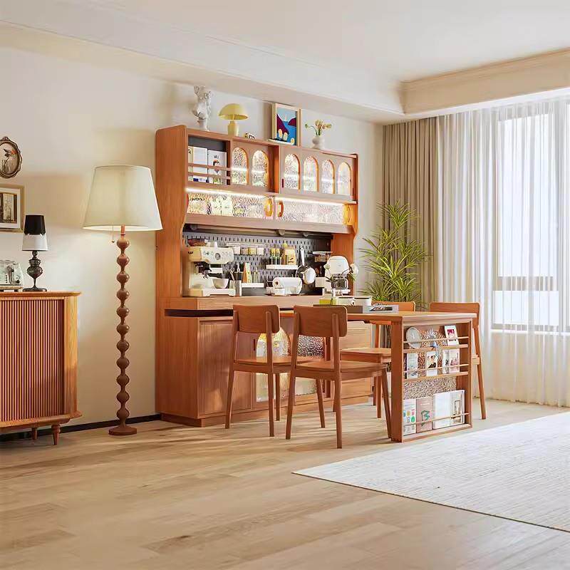 樱桃木实木餐边柜旋转餐桌一体靠墙客厅厨房家用高档黑胡桃吧台柜