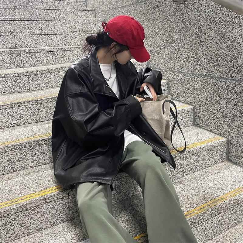 黑色皮衣外套女2024秋冬新款宽松高级感美式痞帅复古pu机车皮夹克