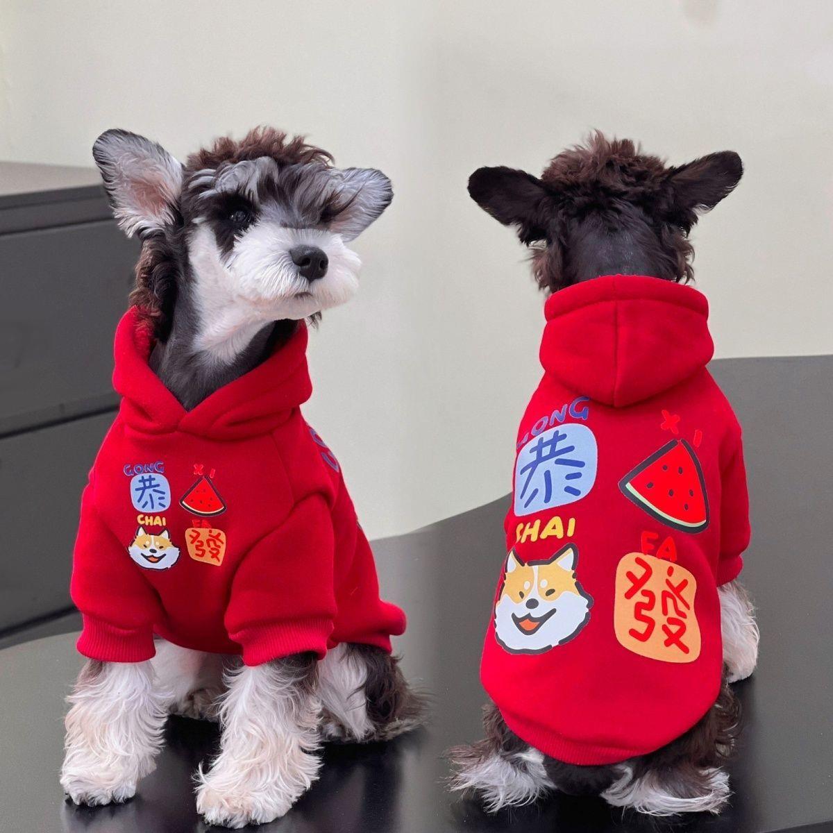 宠物狗狗衣服雪纳瑞比熊秋冬季新年喜庆红色加绒保暖拜年卫衣