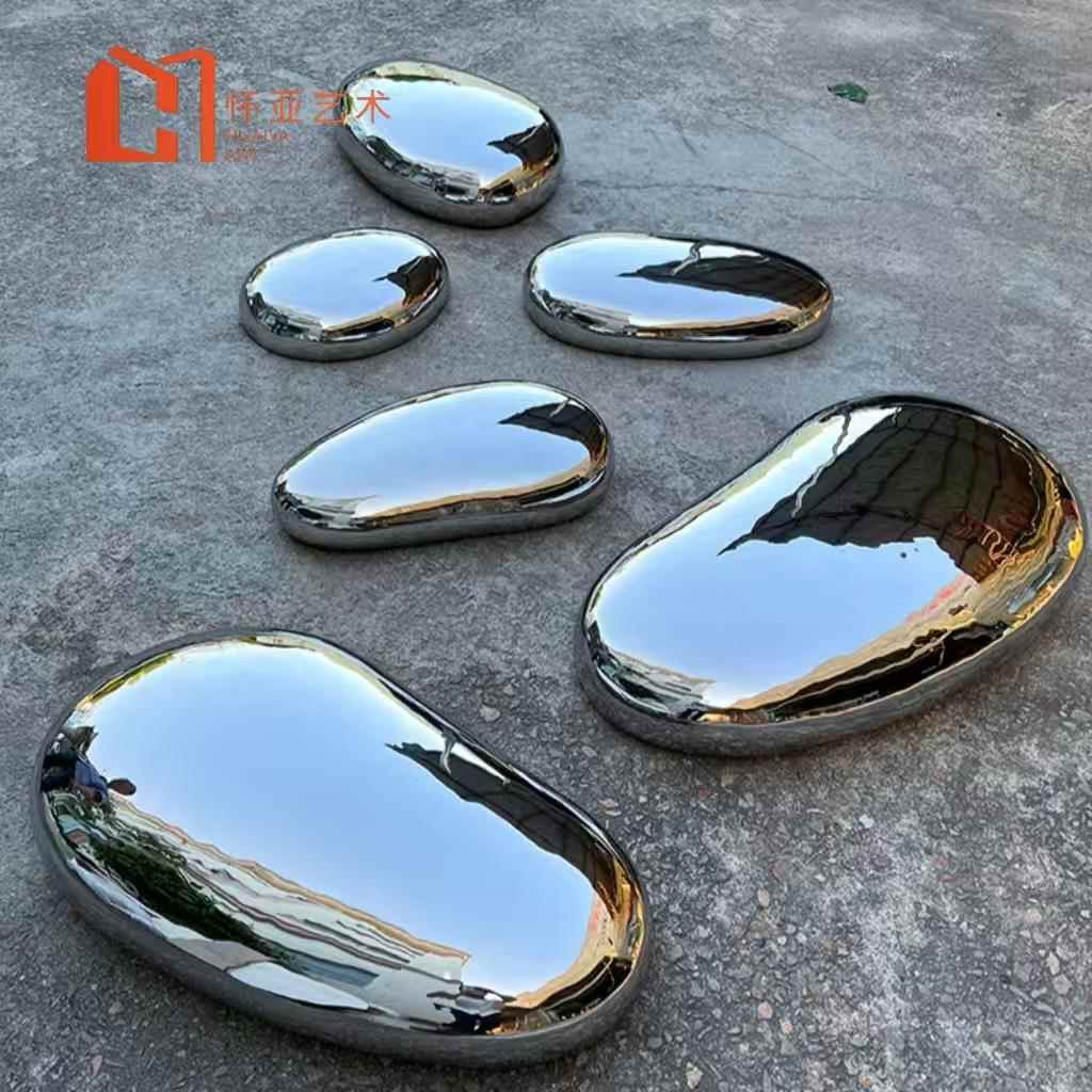 现货不锈钢镜面石头鹅卵金属圆形水滴雕塑庭院水池景观装饰摆件品