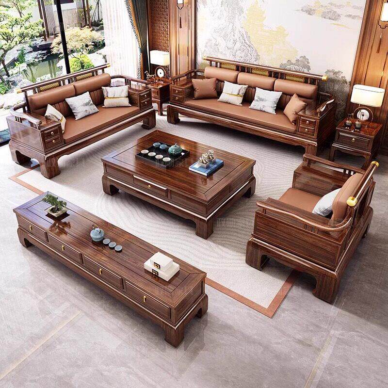 新中式乌金木全实木沙发组合冬夏两用高端客厅中国风储物别墅家俱
