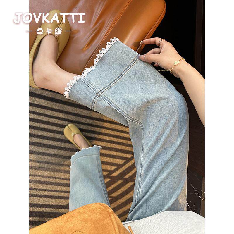JOVKATTI韩版时尚蕾丝边九分直筒牛仔裤女高腰春夏新款显瘦休闲裤