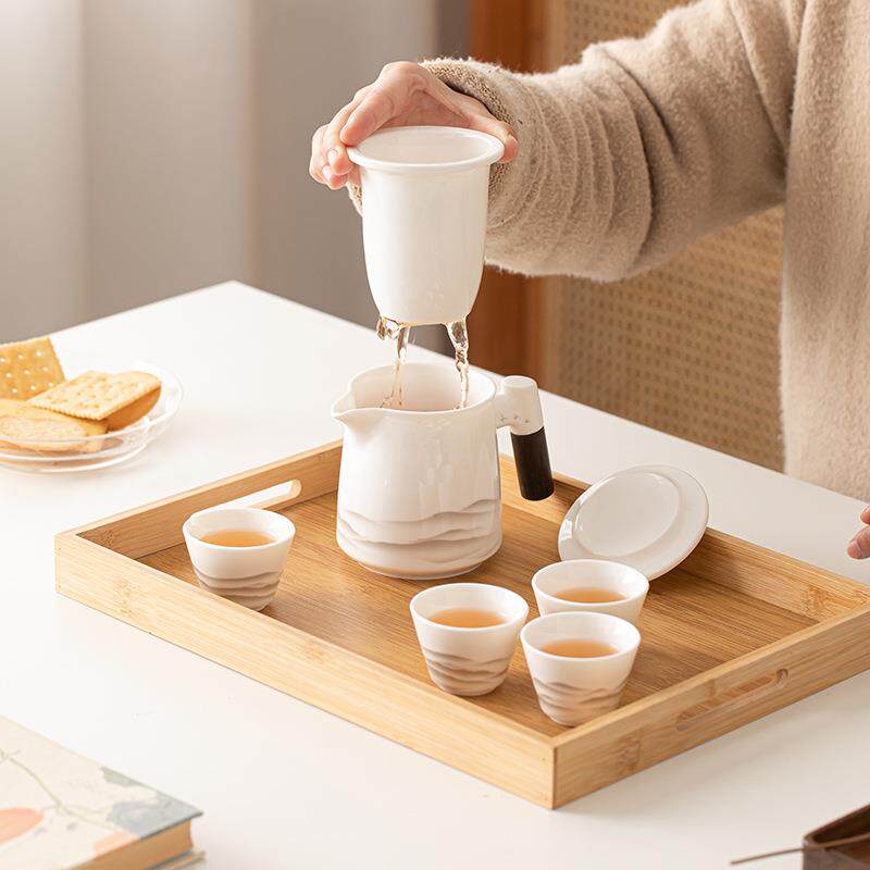 水墨远山办公旅行茶具德化白瓷一壶四杯户外露营便携个人泡茶套组