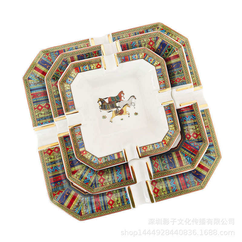 欧式复古八角陶瓷马图烟灰缸时尚创意客厅装饰摆件烟灰缸礼品