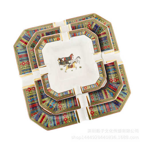 欧式复古八角陶瓷马图烟灰缸时尚创意客厅装饰摆件烟灰缸礼品