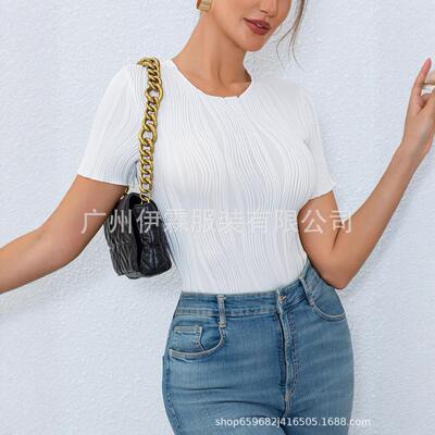 Women's short sleeved wavy texture tight fitting jumpsuit