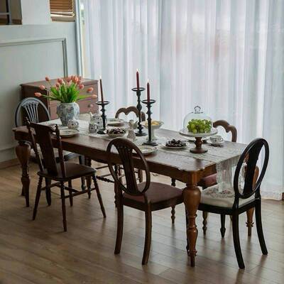 中古风全实木餐桌美式家用饭桌长条桌法式餐厅实木长方形咖啡桌子
