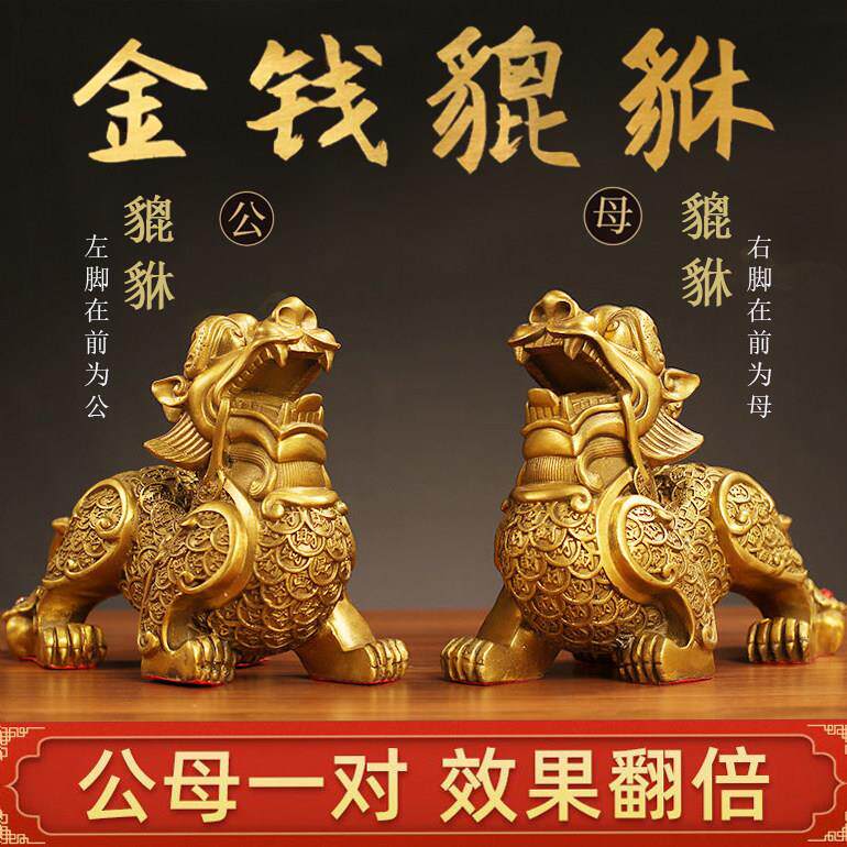 纯铜貔貅摆件公母一对招财旺财聚财家用客厅商铺开 业金钱皮丘貔
