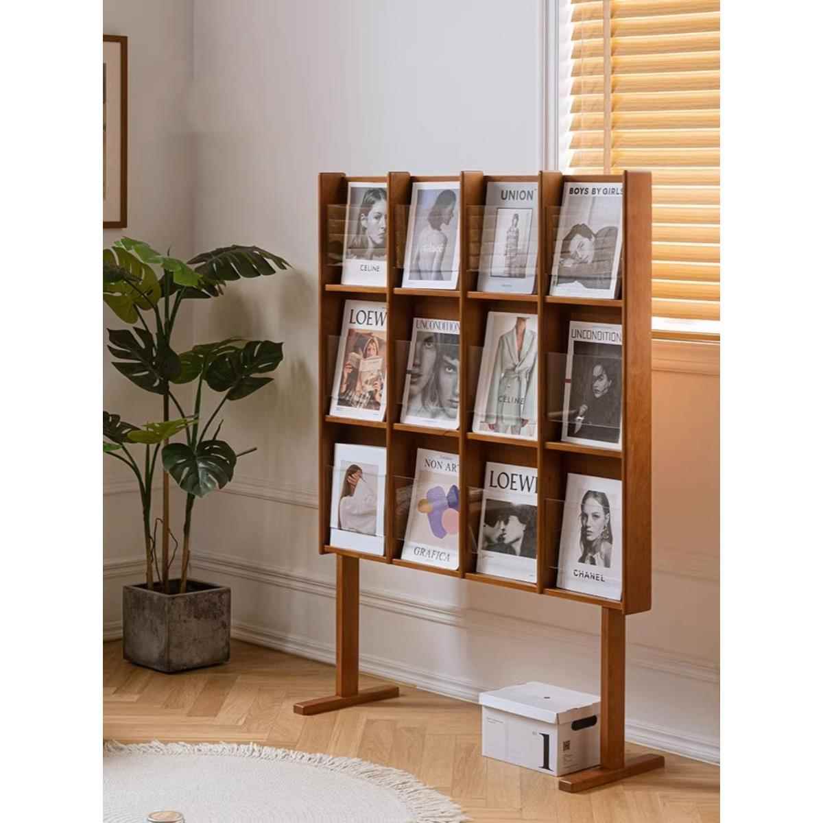 舒曼杂志架中古实木阅读书架日式展示架创意亚克力落地报刊cd架子