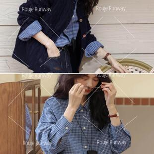 法式Rouje Runway蓝色格纹衬衫女高级感减龄洋气叠穿内搭衬衣上衣