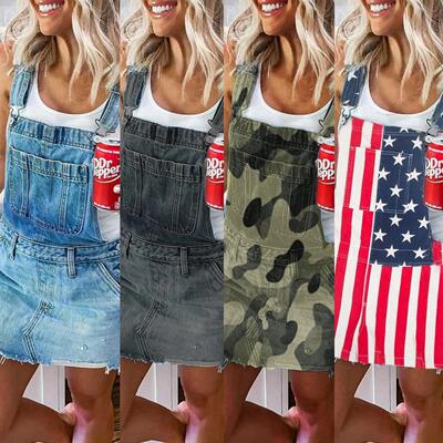 Womens Summer Casual Straps Denim Overall Dress with Pockets