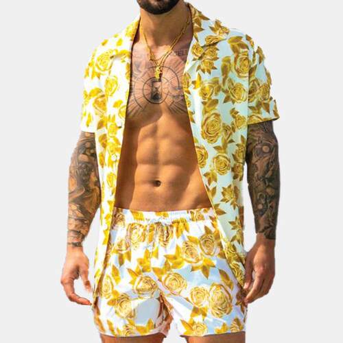 Men's Summer Beach Dress Three Color Printed Short Sleeve