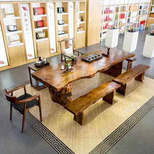 严选新中式大板干泡台现代简约实木待客茶几客厅原木泡茶桌椅组合