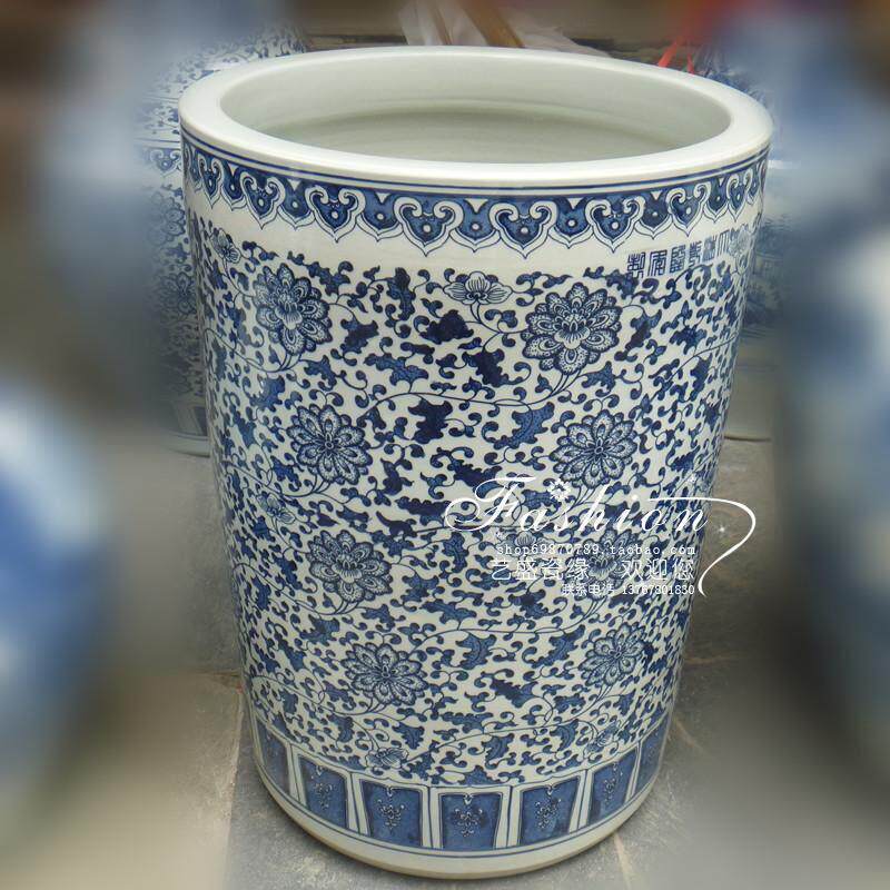 中式轻奢景德镇陶瓷箭筒直筒大花瓶 字画缸青花缠枝莲手绘青花山