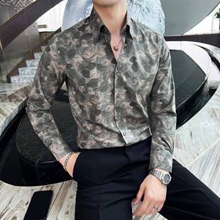 长袖花衬衫男款秋季商务休闲衬衣修身英伦风男衬衫聚酯印花0918r