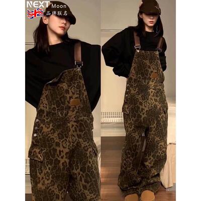 Next Moon英国联名美式复古豹纹牛仔背带裤女春秋新款宽松慵懒风