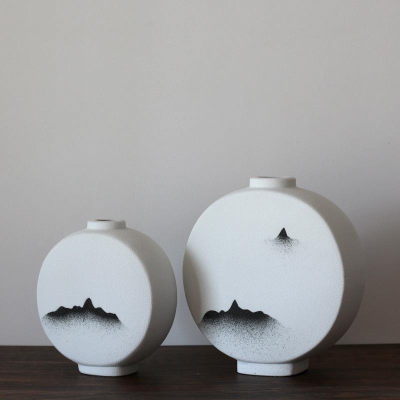 陶瓷器仿古磨砂水墨花瓶新中式家居客厅插花装饰品茶几摆件