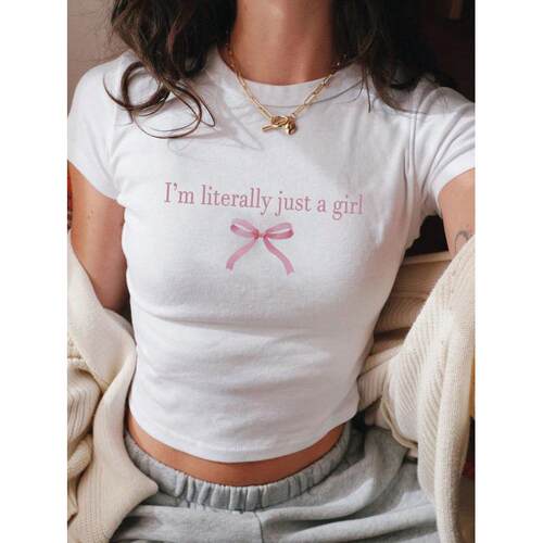 Women m Literally Just Girl Slogan Print Round Neck Tee