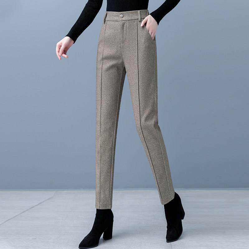 毛呢西装休闲裤女2025春秋新款加绒加厚高腰显瘦直筒烟管哈伦裤子