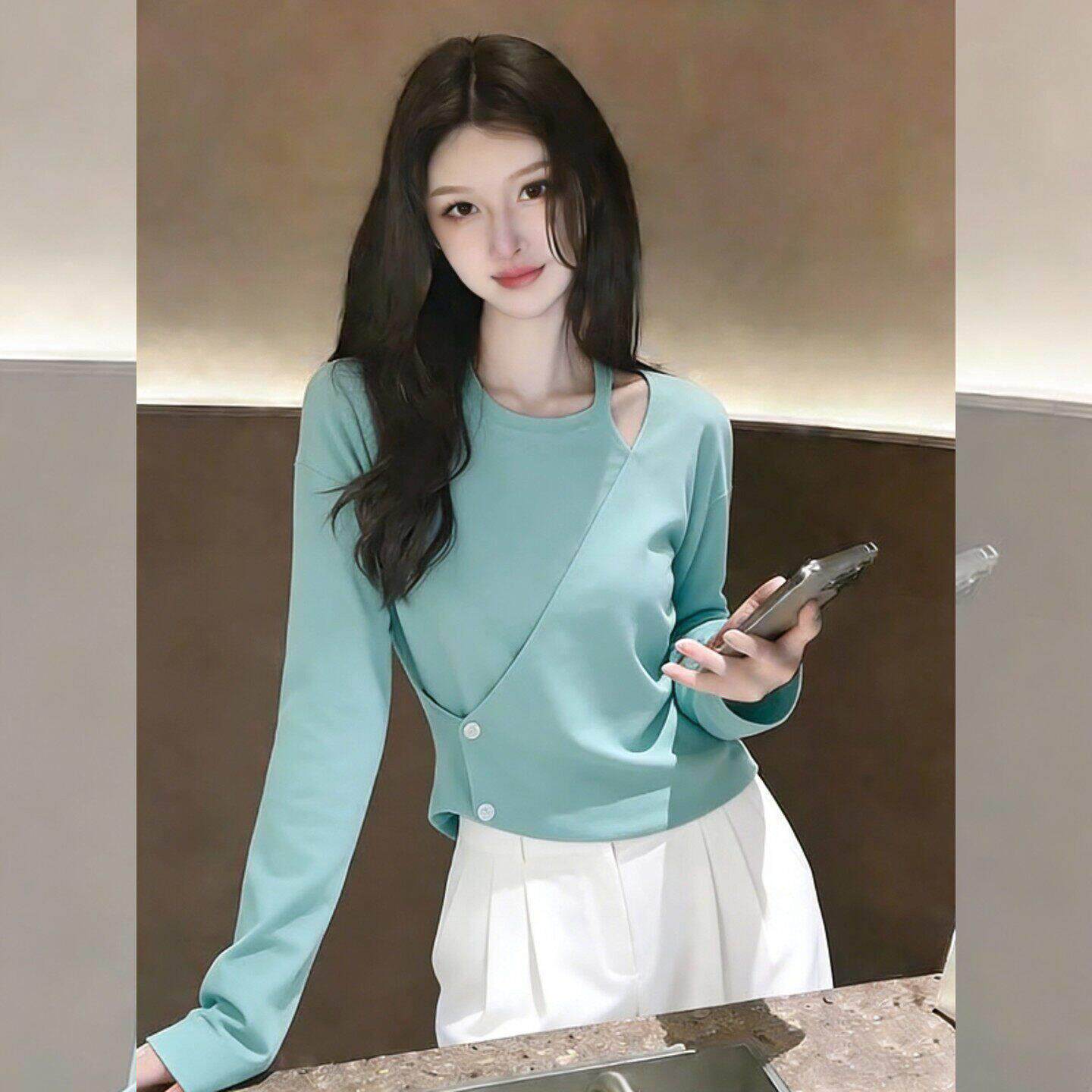 韩系露肩长袖T恤女春秋新款卫衣显瘦打底衫独特绝美巨好看的上衣