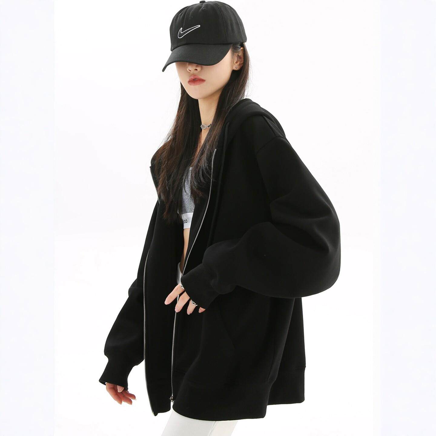 潮牌美式黑色连帽开衫外套女春秋季2025年新款韩版宽松拉炼款上衣