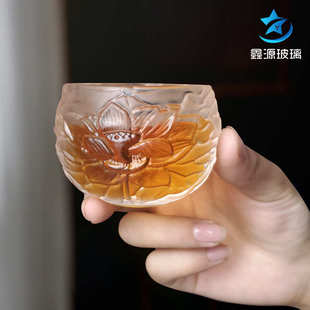 水晶浮雕莲花主人杯单个喝茶茶盏品茗杯功夫茶具茶杯玻璃小杯子