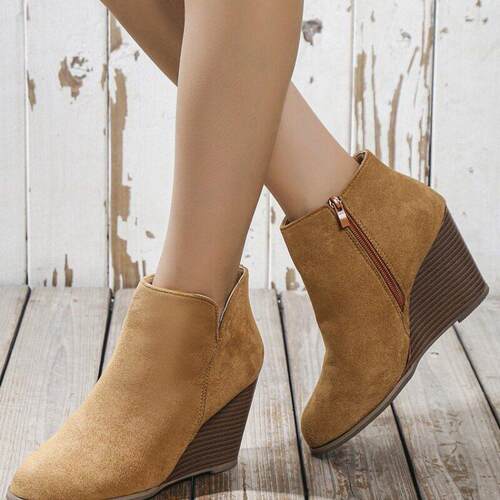 Women's Retro Suedette Wedge-Heeled Ankle Boots Comfy V-Cut