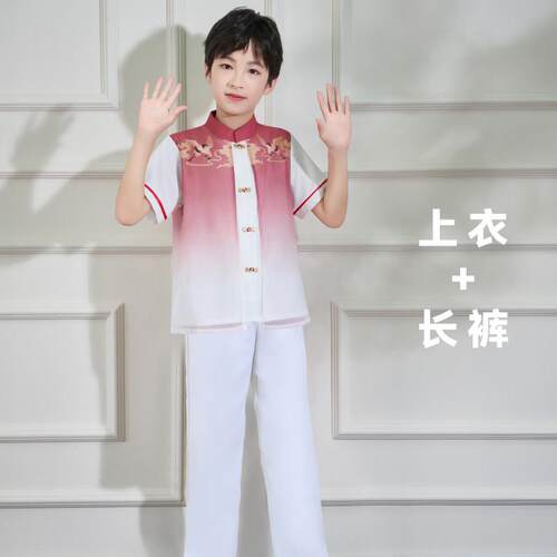 高档合唱演出服童女童蹈中国风衣服中小学生红色诗歌朗男诵舞表演