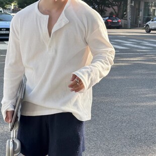 Upscale潮人 华夫格亨利领长袖T恤男士春夏季短袖休闲宽松高级感