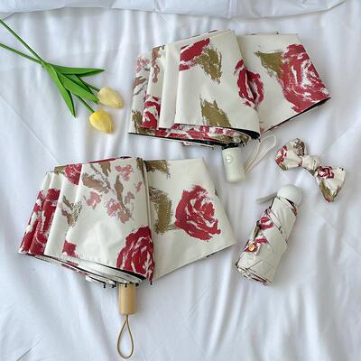 复古玫瑰高质感骨三折晴雨广告定 制木柄五折防紫外线遮阳太阳伞