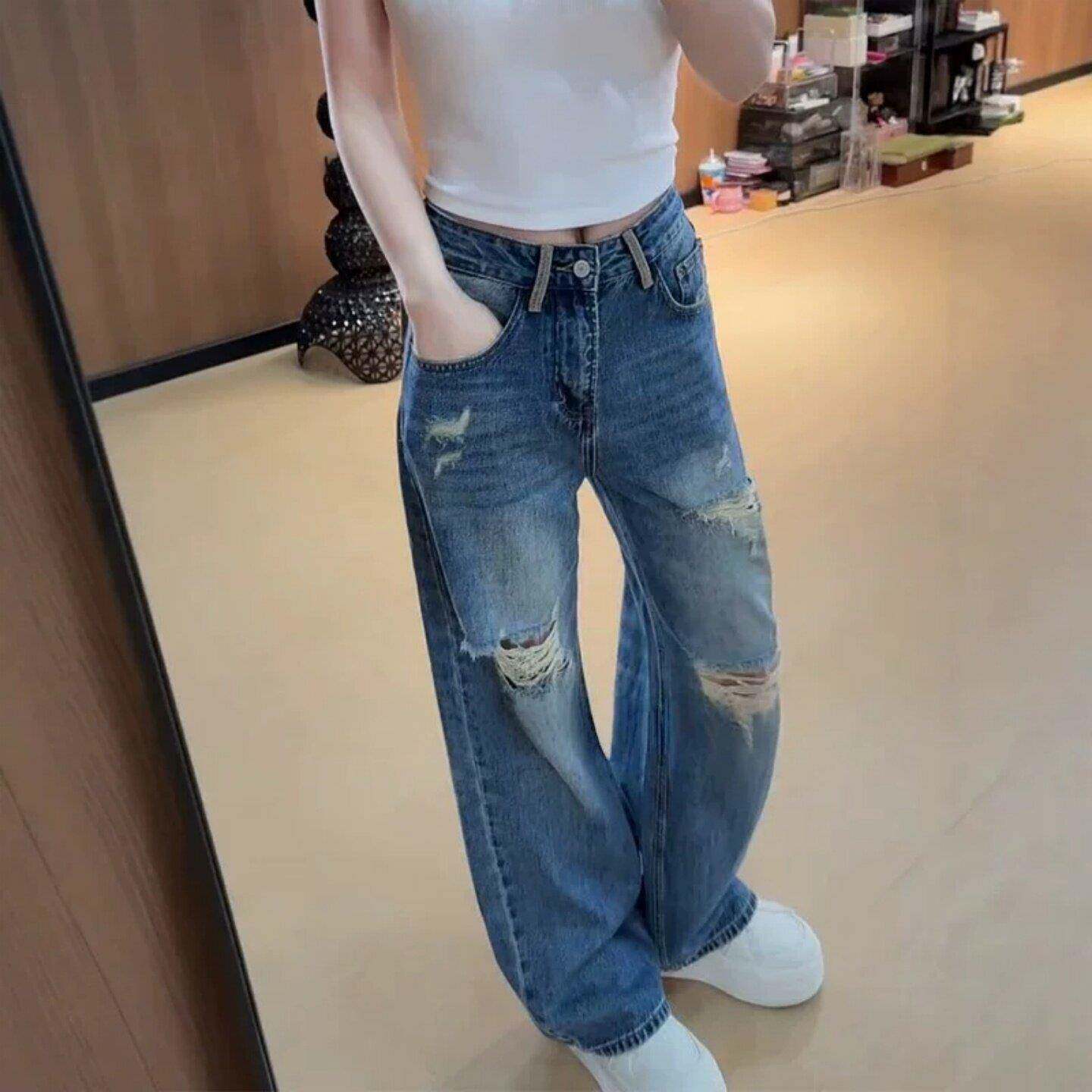 窄版破洞直筒牛仔裤女2026夏季新款大尺码胖mm高腰显瘦百搭阔腿长