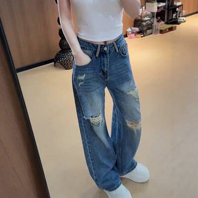 窄版破洞直筒牛仔裤女2026夏季新款大尺码胖mm高腰显瘦百搭阔腿长